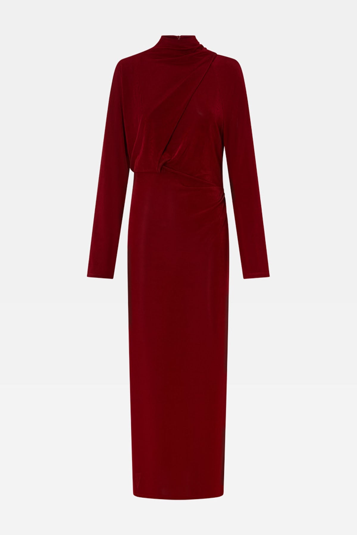Ghost view CAMILLA AND MARC Ravine Midi Dress in Cherry Red with asymmetric draped neckline.