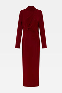 Ghost view CAMILLA AND MARC Ravine Midi Dress in Cherry Red with asymmetric draped neckline.