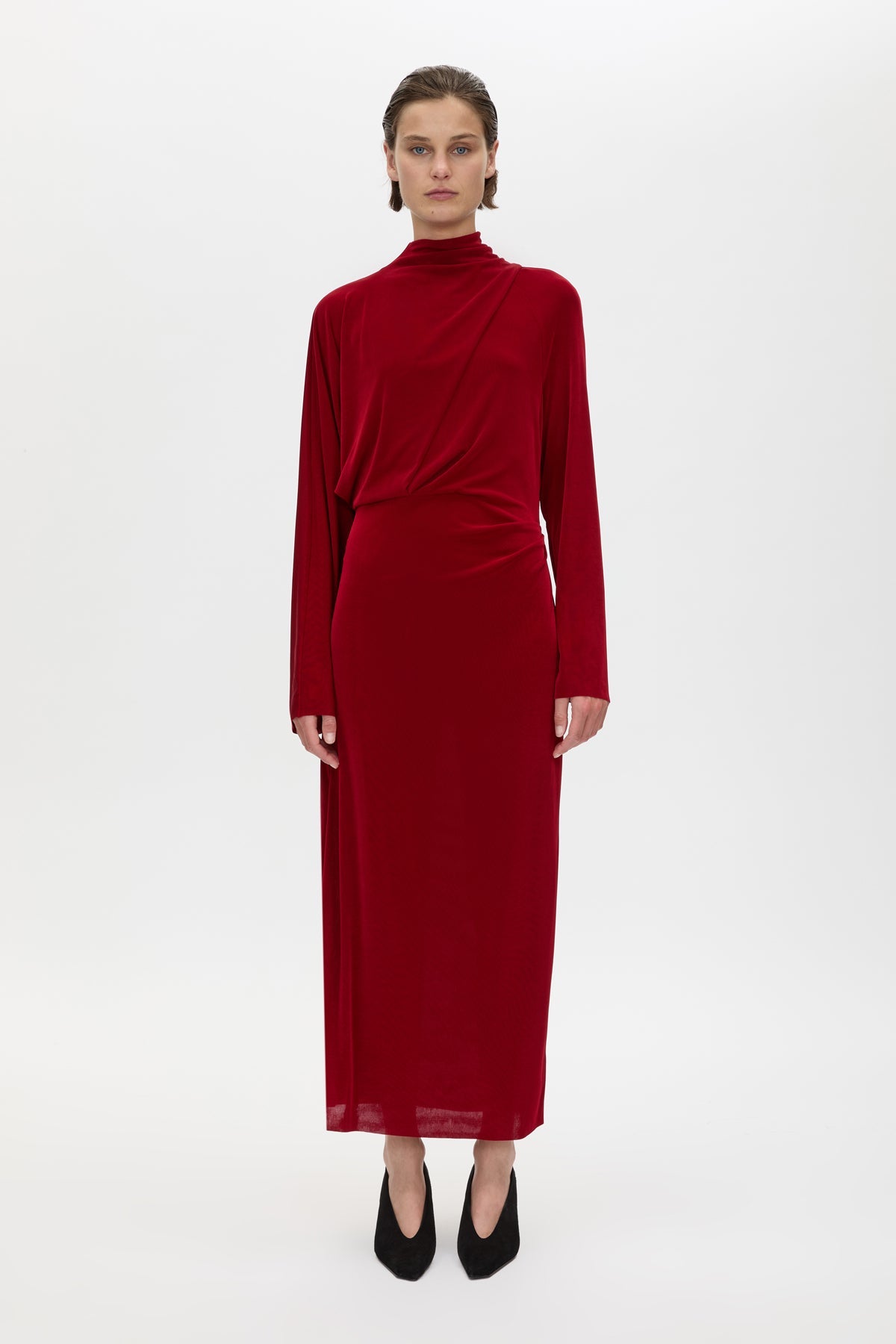 Front view CAMILLA AND MARC Ravine Midi Dress in Cherry Red styled with the Wave Pump.