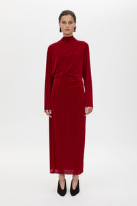 Front view CAMILLA AND MARC Ravine Midi Dress in Cherry Red styled with the Wave Pump.