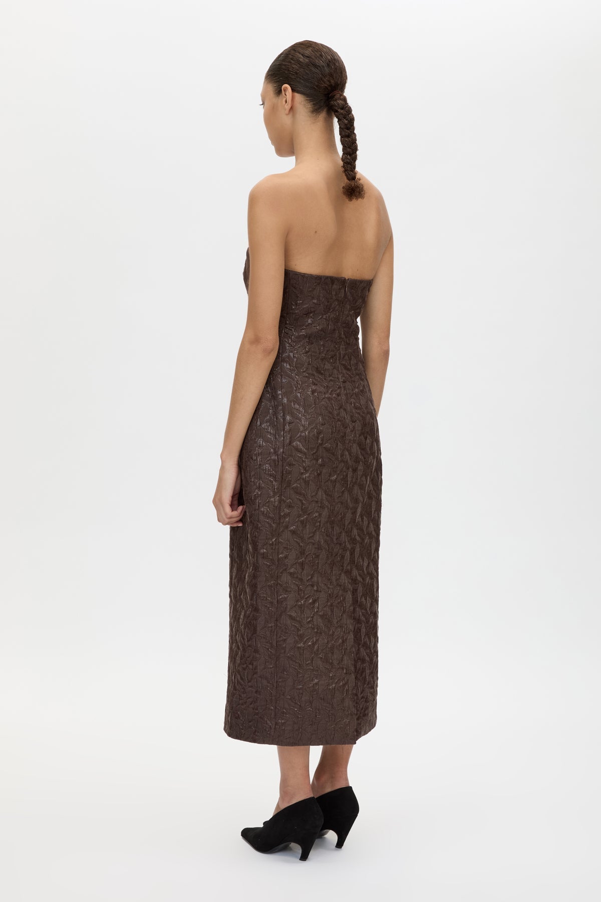 Back view CAMILLA AND MARC Rennick Strapless Midi Dress in chocolate brown with fitted internal bodice and exaggerated hip.