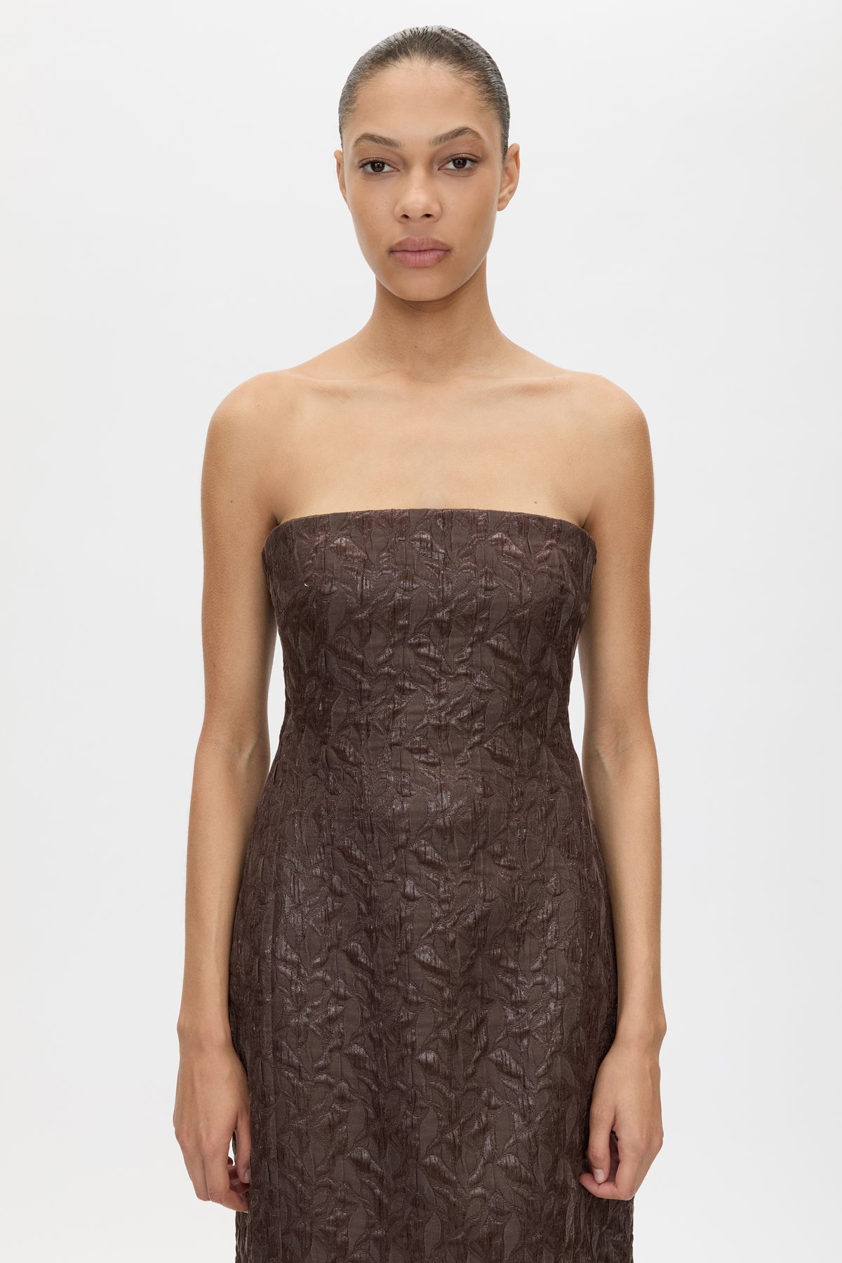 Cropped view CAMILLA AND MARC Rennick Strapless Midi Dress in chocolate brown with fitted internal bodice and exaggerated hip.