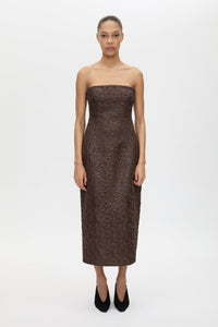 Styled view CAMILLA AND MARC Rennick Strapless Midi Dress in chocolate brown with fitted internal bodice and exaggerated hip.