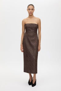 Front view CAMILLA AND MARC Rennick Strapless Midi Dress in chocolate brown with fitted internal bodice and exaggerated hip.