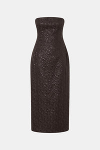 Ghost view CAMILLA AND MARC Rennick Strapless Midi Dress in chocolate brown with fitted internal bodice and exaggerated hip.