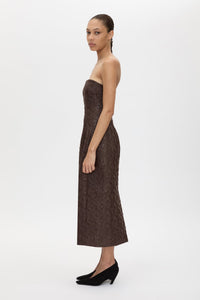 Side view CAMILLA AND MARC Rennick Strapless Midi Dress in chocolate brown with fitted internal bodice and exaggerated hip.