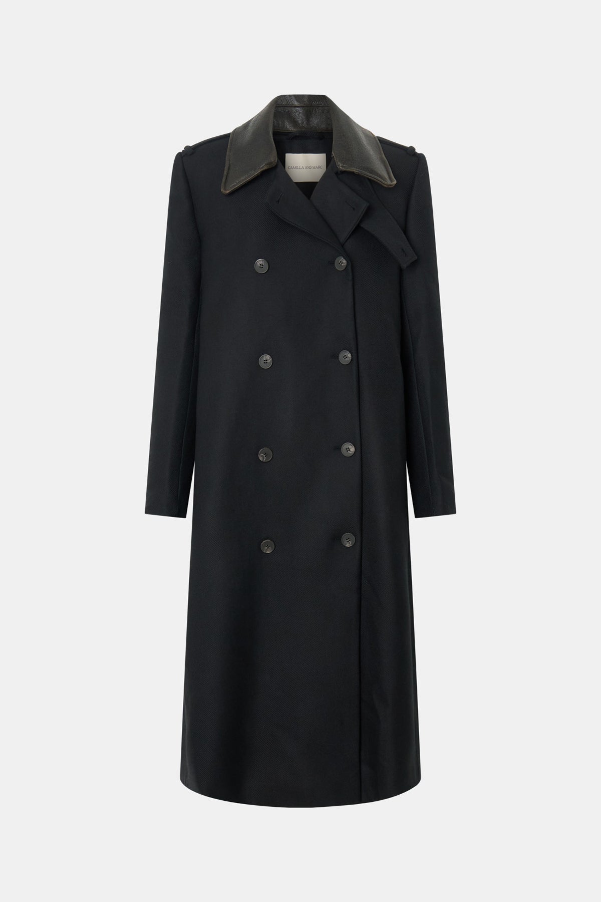 Ghost View - CAMILLA AND MARC Ryder Coat black coat with contrast leather collar, double-breasted. 