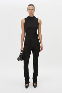 Front-styled view CAMILLA AND MARC high-waisted Romina Pant in black stretch suede fabrication.