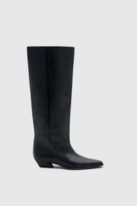 Side ghost view CAMILLA AND MARC Rowan Knee Boot in Black tumbled‑look Italian cow leather.