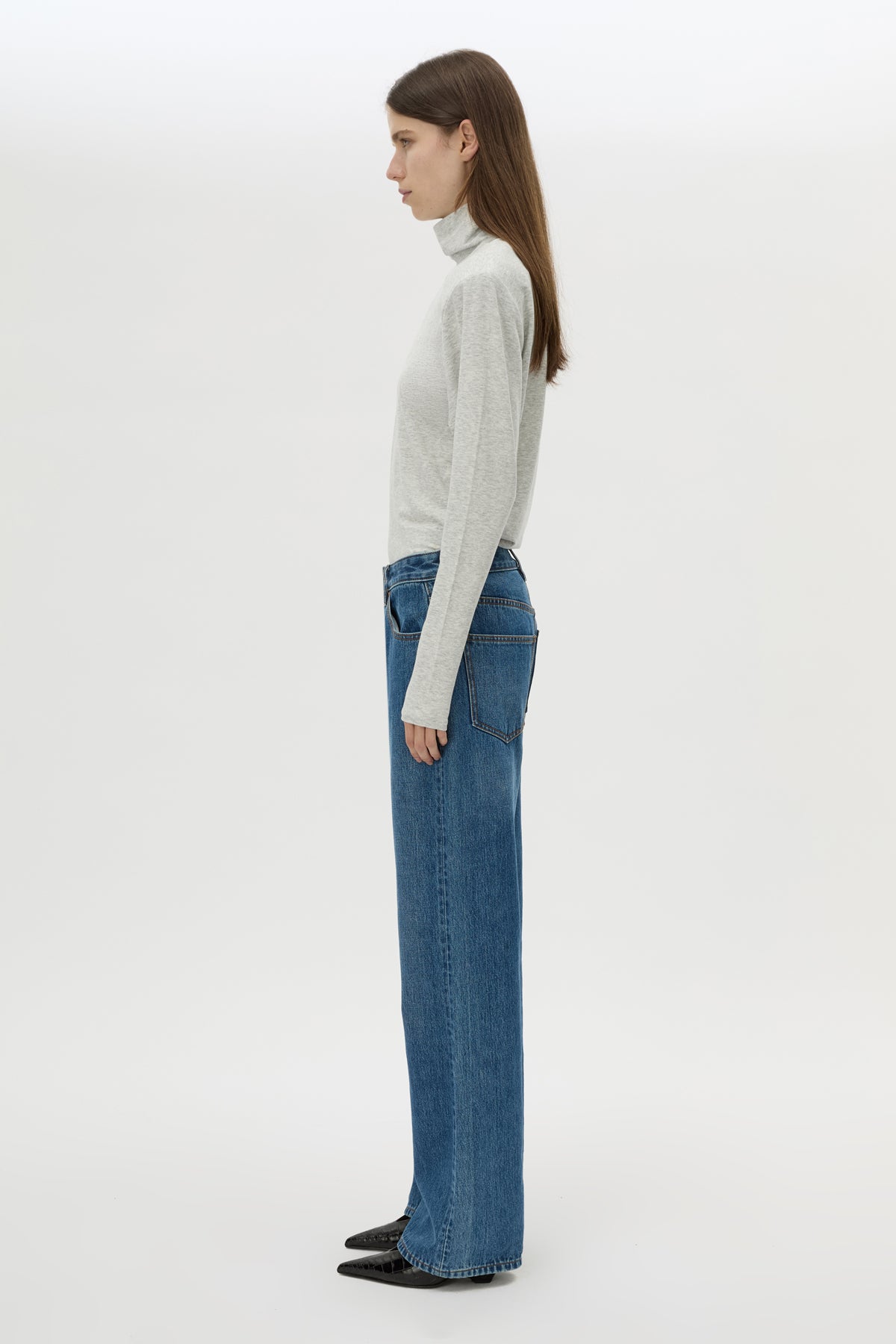 Side view CAMILLA AND MARC Rune Denim Jean in Classic Blue with a mid‑rise straight‑leg fit.