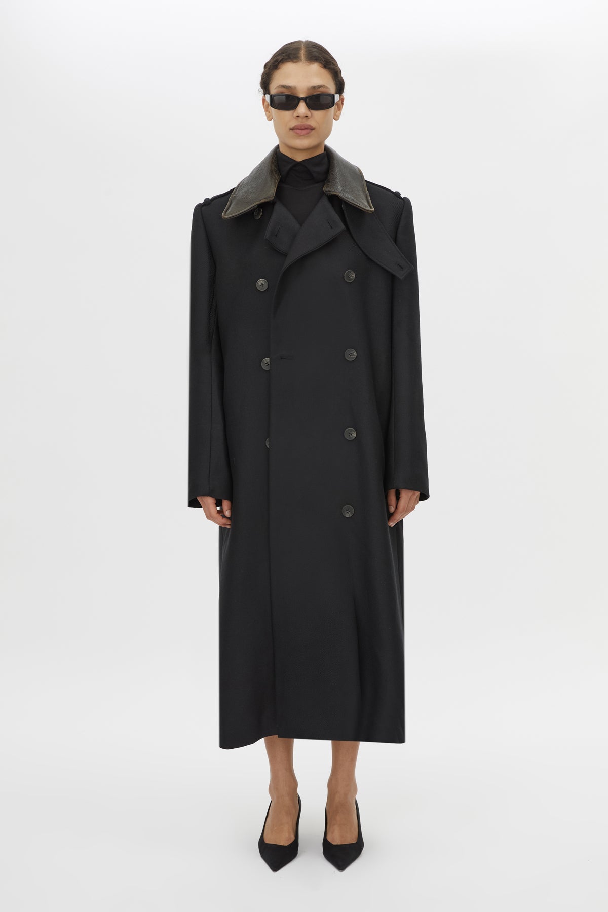 Front closed View - CAMILLA AND MARC Ryder Coat black coat with contrast leather collar.
