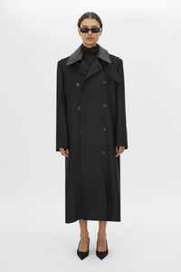 Front closed View - CAMILLA AND MARC Ryder Coat black coat with contrast leather collar.