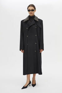 Front View - CAMILLA AND MARC Ryder Coat black coat with contrast leather collar, double-breasted. 