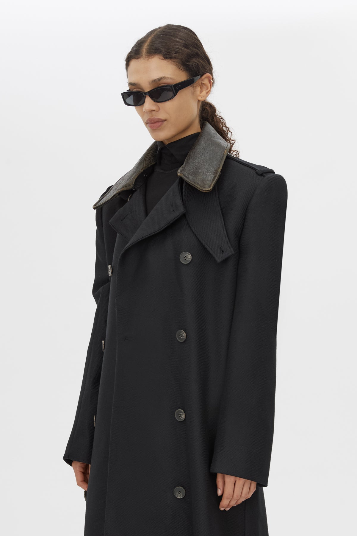 Detail View - CAMILLA AND MARC Ryder Coat black coat with contrast leather collar, double-breasted. 