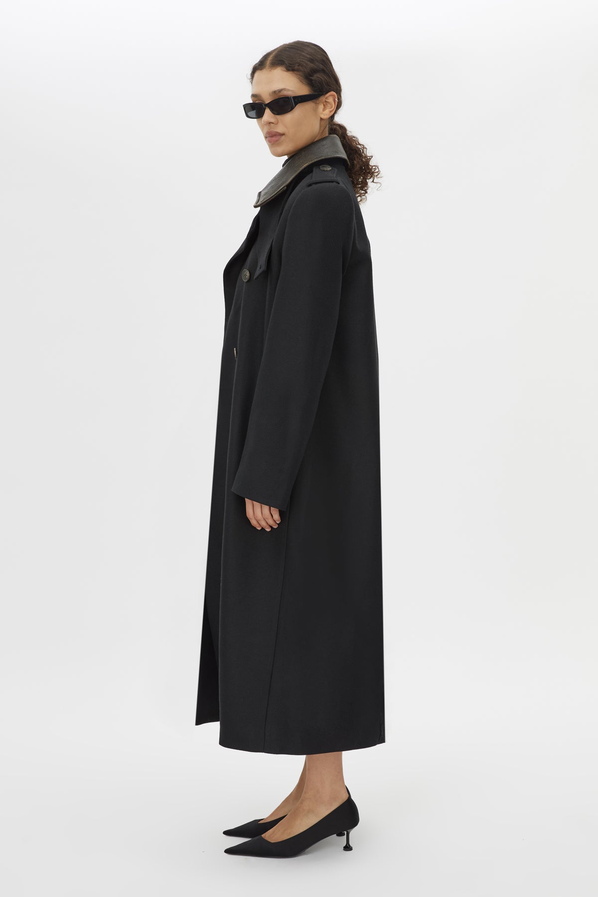 Side View - CAMILLA AND MARC Ryder Coat black coat with contrast leather collar, double-breasted. 