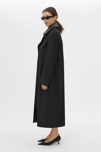 Side View - CAMILLA AND MARC Ryder Coat black coat with contrast leather collar, double-breasted. 