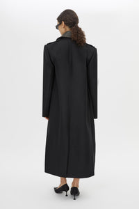 Back View - CAMILLA AND MARC Ryder Coat black coat with contrast leather collar, double-breasted. 