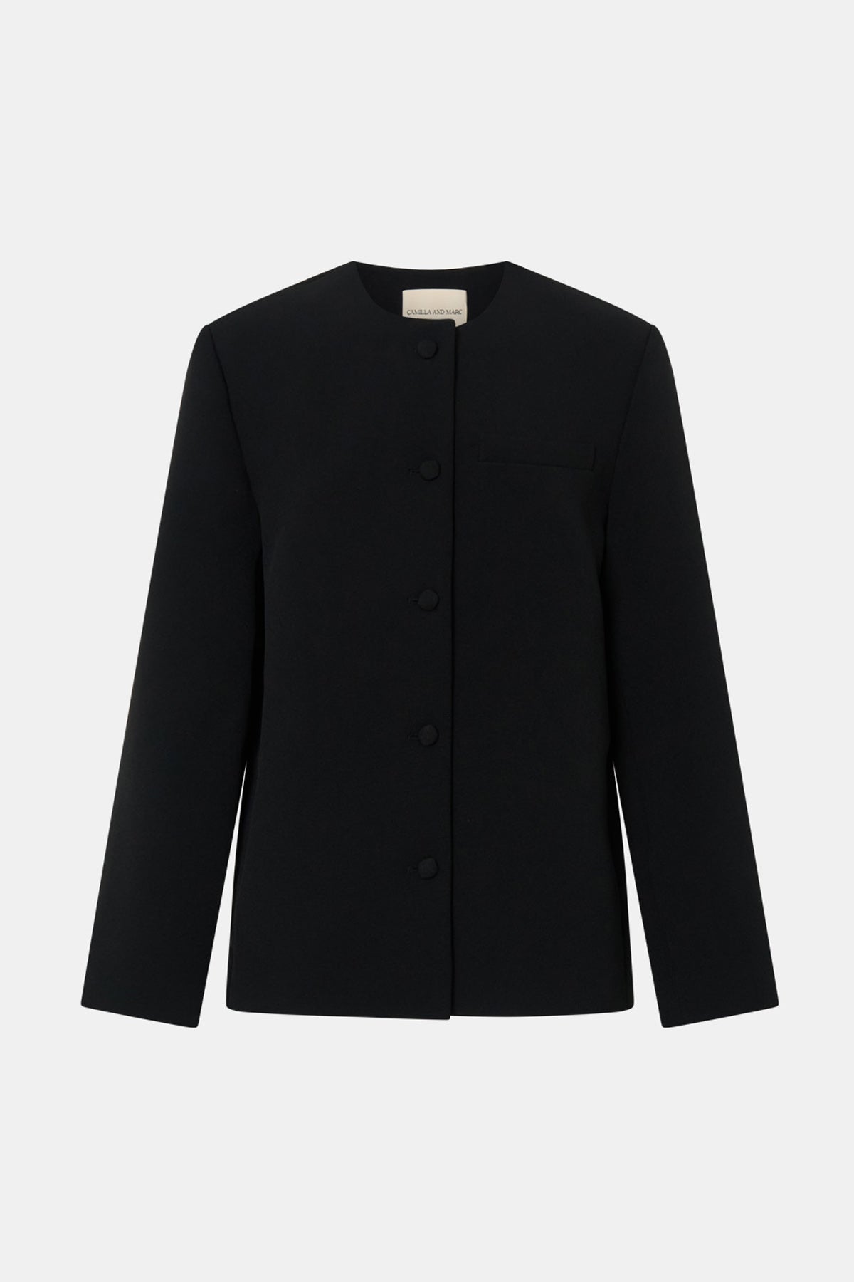 Ghost View CAMILLA AND MARC San fitted collarless blazer in black with Front button closure.