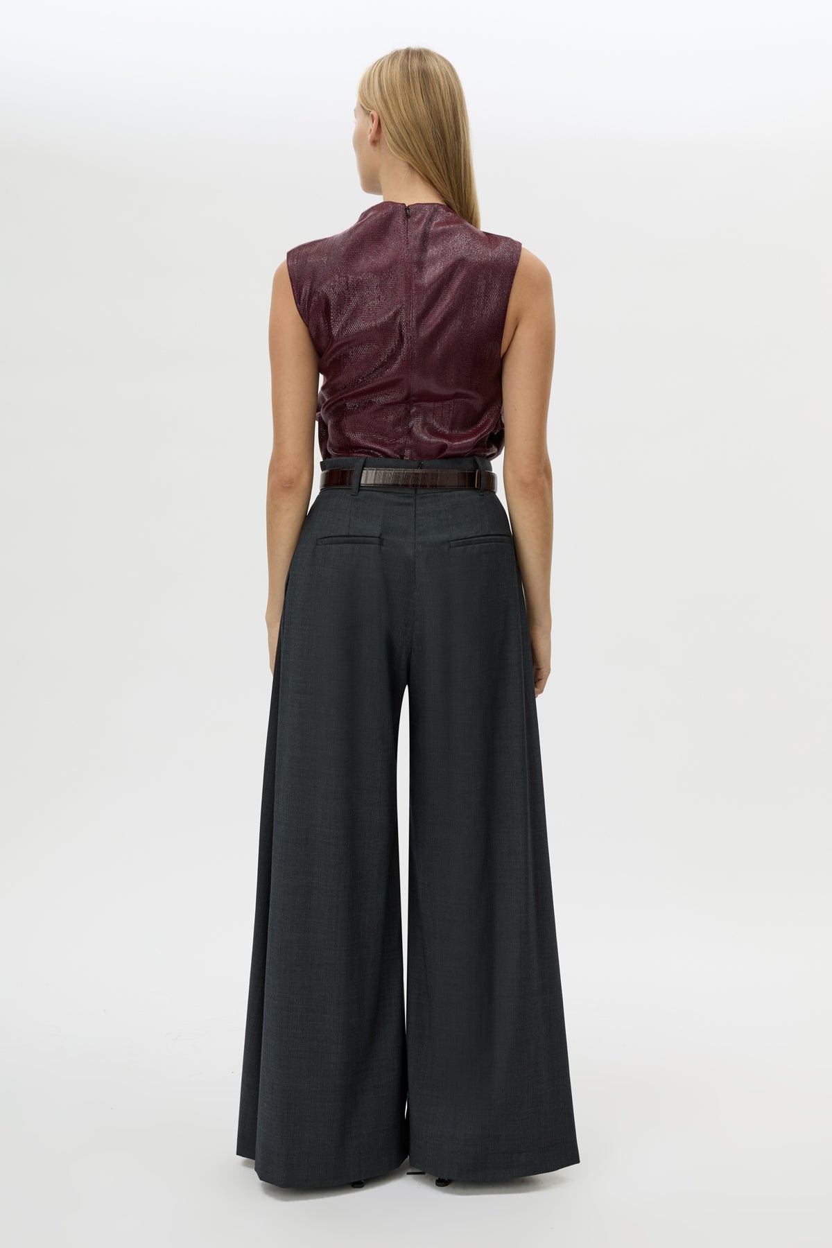Back view CAMILLA AND MARC Sana Tailored Top in Burgundy with draped detailing and a high neckline.