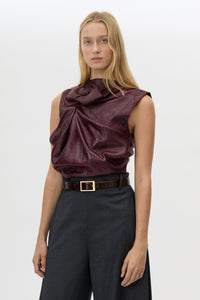 Cropped view CAMILLA AND MARC Sana Tailored Top in Burgundy with draped detailing and a high neckline.