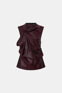 Ghost front view CAMILLA AND MARC Sana Tailored Top in Burgundy with draped detailing and a high neckline.
