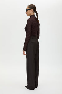 Back view CAMILLA AND MARC Saxony High Waisted Pintuck Pant in Espresso Pindot featuring a tailored silhouette.
