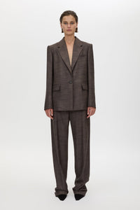 Front styled view CAMILLA AND MARC Verna Relaxed Fit Blazer in Chocolate, crafted in an Australian wool, linen and silk twill blend.