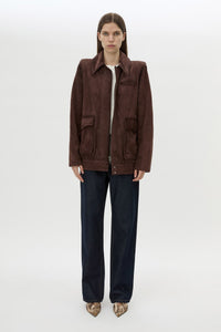 Front styled view CAMILLA AND MARC Zaha Bomber in Redwood suede with sculpted shoulders and 100% cow suede leather.