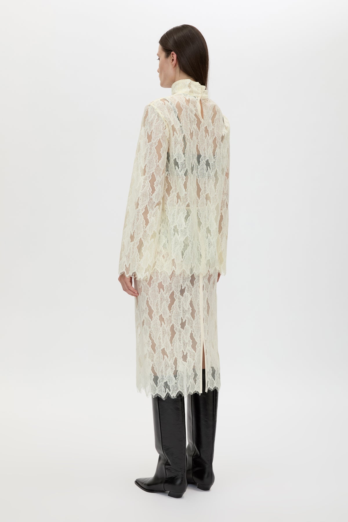 Back view CAMILLA AND MARC Zemira Long Sleeve Lace Top in Cream with sheer lace and high neckband.