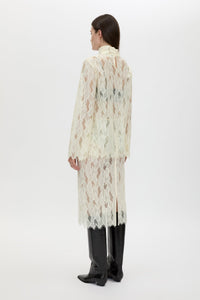 Back view CAMILLA AND MARC Zemira Long Sleeve Lace Top in Cream with sheer lace and high neckband.