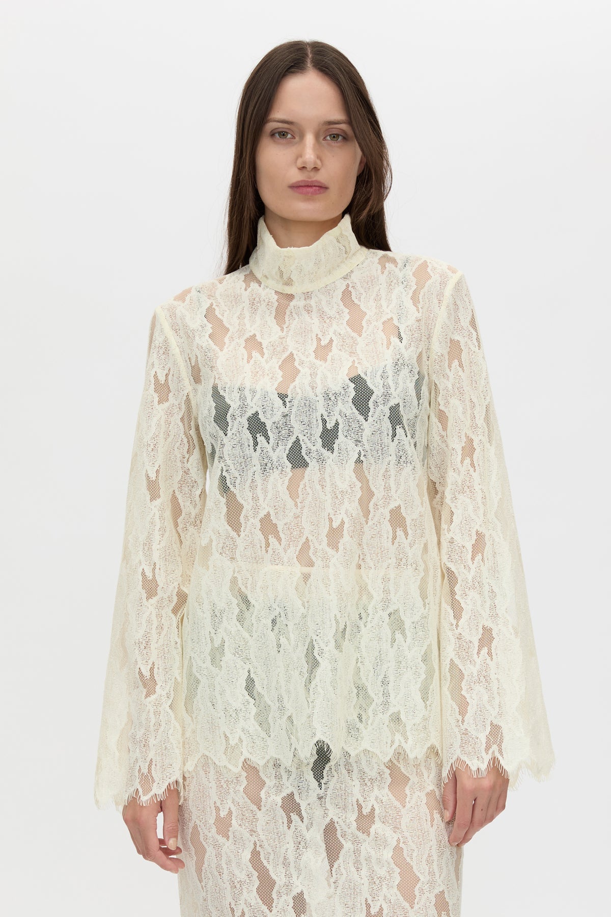Cropped view CAMILLA AND MARC Zemira Long Sleeve Lace Top in Cream with sheer lace and high neckband.