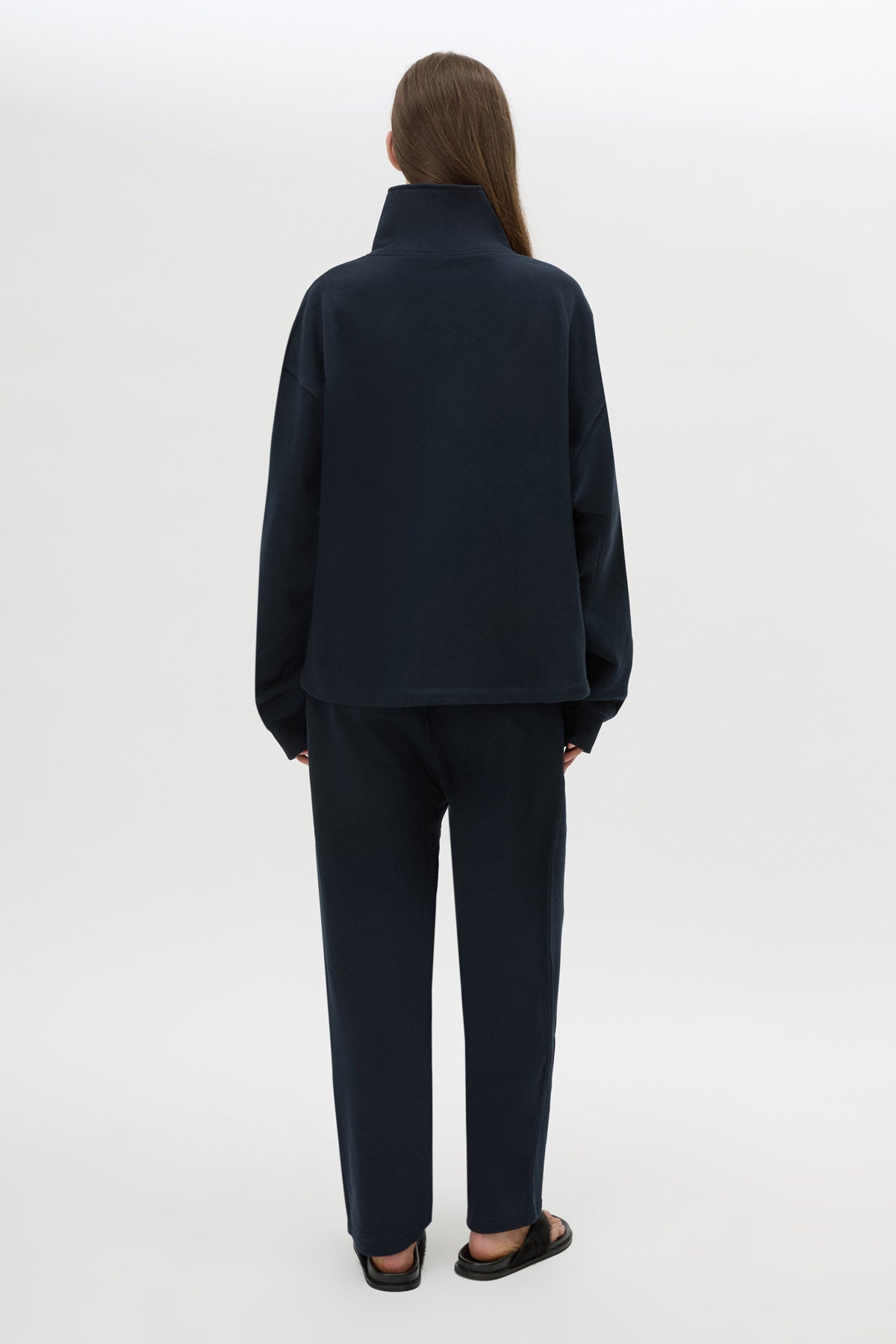 Ghost view CAMILLA AND MARC Zylus funnel neck pullover sweater in navy/white with contrast embroidered monogram. 
